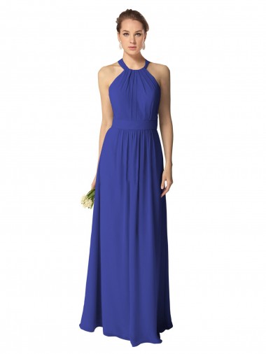 Azul real línea A Halter Gasa Largo Vestidos de dama de honor Fábrica