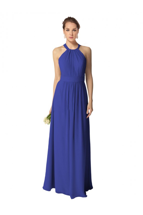 Azul real línea A Halter Gasa Largo Vestidos de dama de honor Fábrica