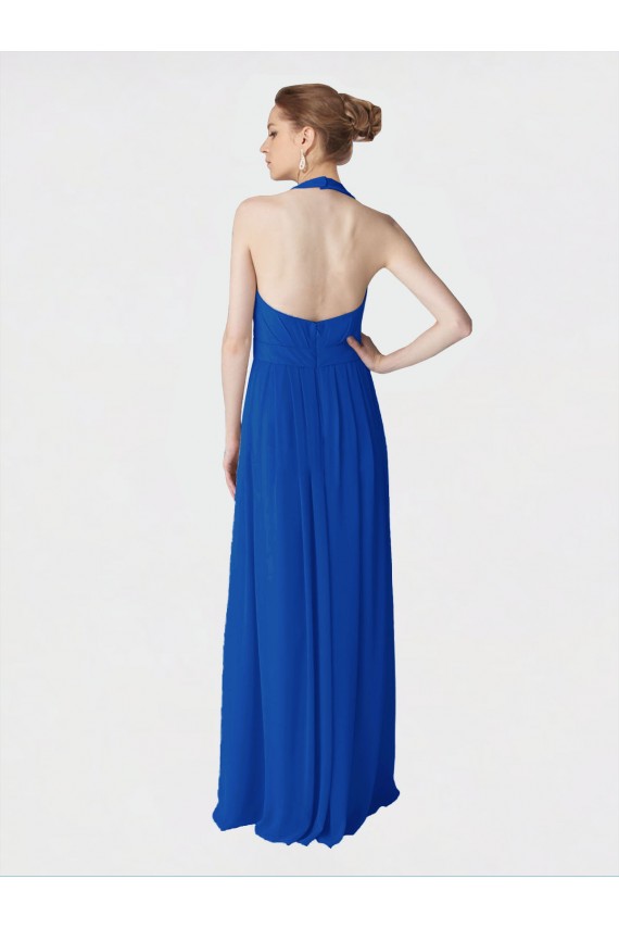 Azul real línea A Halter Gasa Largo Vestidos de dama de honor Fábrica