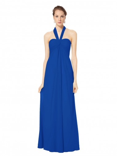 Azul real línea A Halter Gasa Largo Vestidos de dama de honor Fábrica
