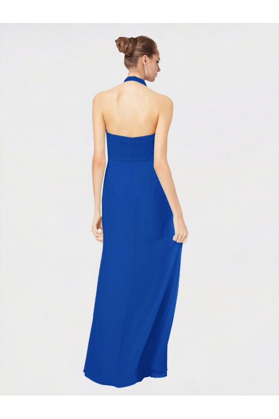 Azul real línea A Halter Gasa Largo Vestidos de dama de honor Fábrica