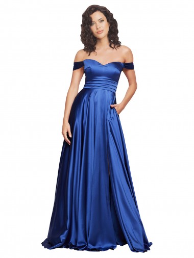 Azul real línea A Hombros Descubiertos Barrer tren Satén elástico Largo Formales Vestidos de dama de honor / Vestidos de fiesta Fábrica