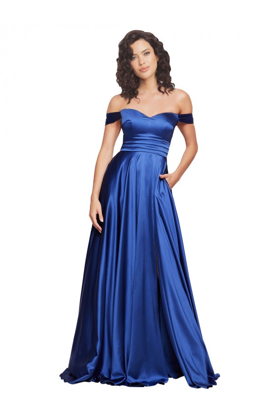 Azul real línea A Hombros Descubiertos Barrer tren Satén elástico Largo Formales Vestidos de dama de honor / Vestidos de fiesta Fábrica