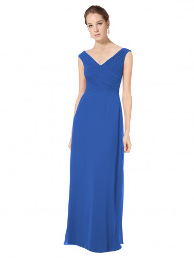 Azul real línea A Hombros Descubiertos Cuello en V Gasa Largo Vestidos de dama de honor Fábrica