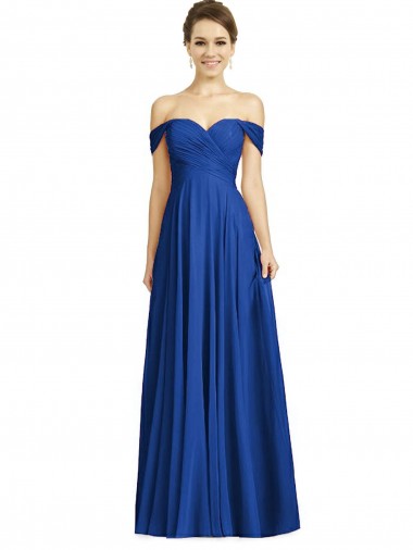 Azul real línea A Hombros Descubiertos Gasa Largo Vestidos de dama de honor Fábrica