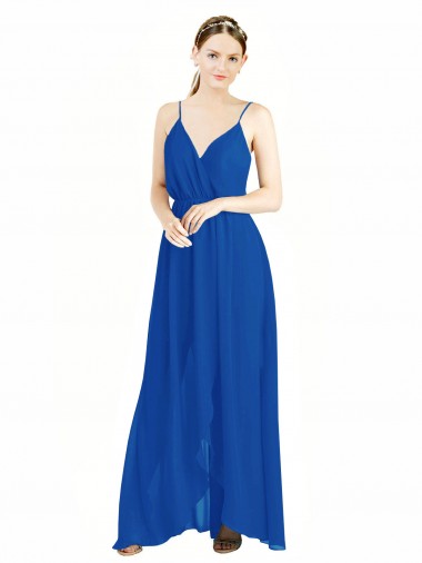 Azul real línea A Tirantes espagueti Cuello en V Gasa Largo Vestidos de dama de honor Fábrica