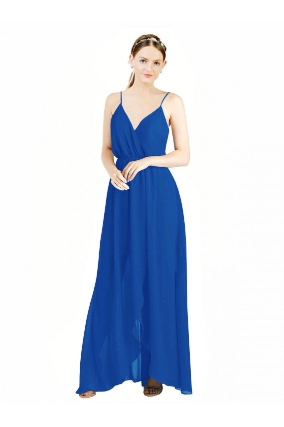 Azul real línea A Tirantes espagueti Cuello en V Gasa Largo Vestidos de dama de honor Fábrica