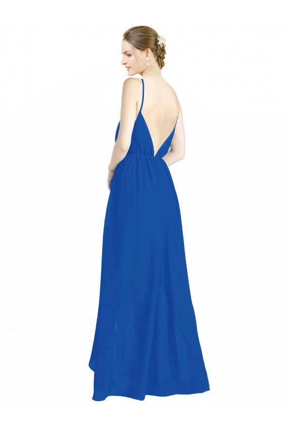 Azul real línea A Tirantes espagueti Cuello en V Gasa Largo Vestidos de dama de honor Fábrica