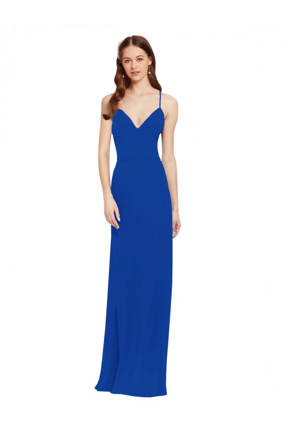 Azul real línea A Tirantes espagueti Cuello en V Gasa Largo Vestidos de dama de honor Fábrica