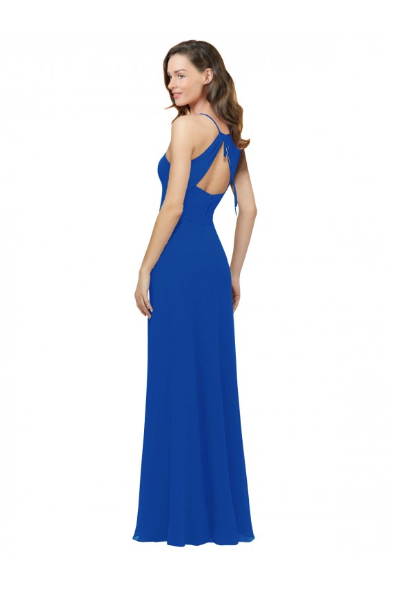 Azul real línea A Tirantes espagueti Cuello en V Gasa Largo Vestidos de dama de honor Fábrica