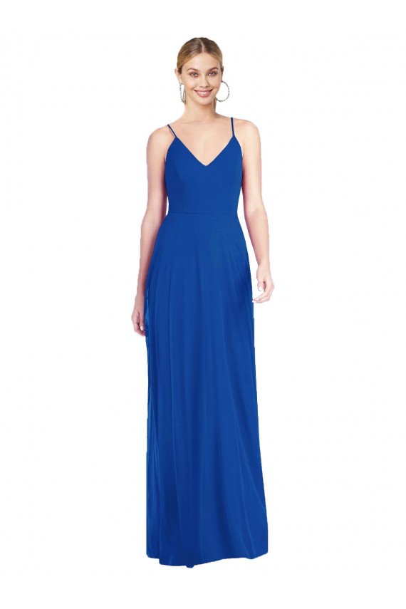 Azul real línea A Tirantes espagueti Cuello en V Gasa Largo Vestidos de dama de honor Fábrica