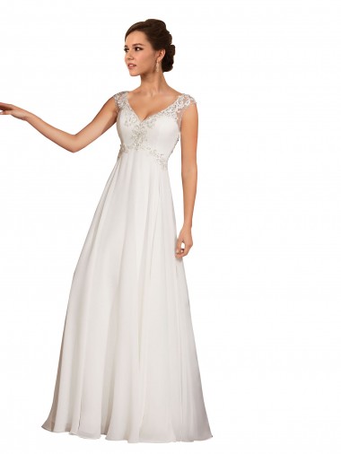 Blanco Cubierta Cuello en V Cola capilla Gasa Encaje Vestidos de novia Fábrica