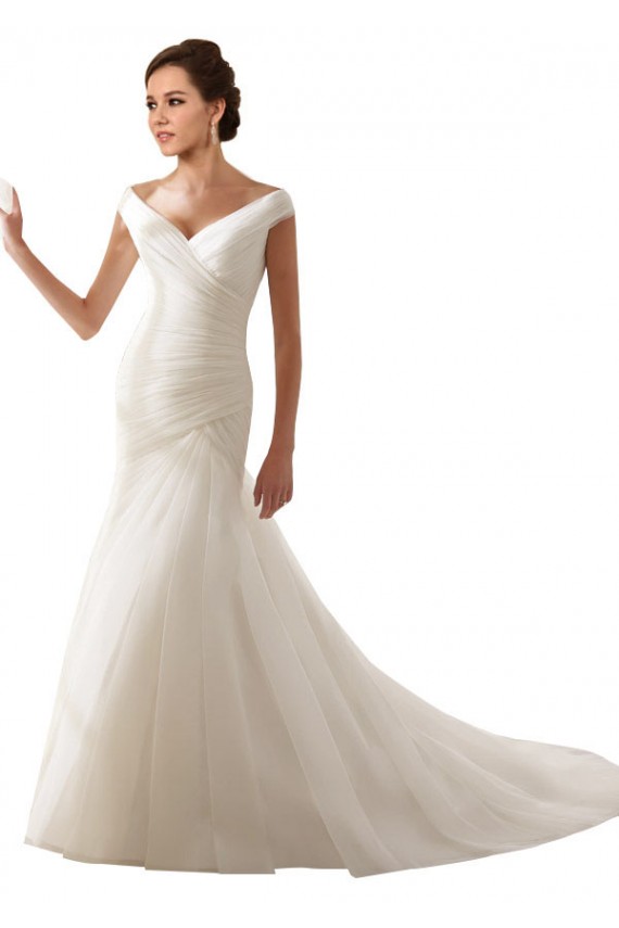 Blanco Cubierta Hombros Descubiertos Cola capilla Tul Vestidos de novia Fábrica