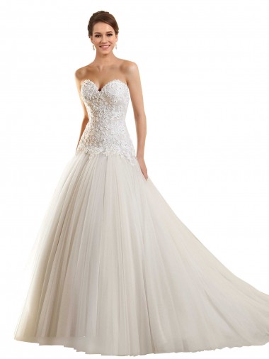 Blanco Cuello de Corazón Cola capilla Tul Encaje Vestidos de novia Fábrica