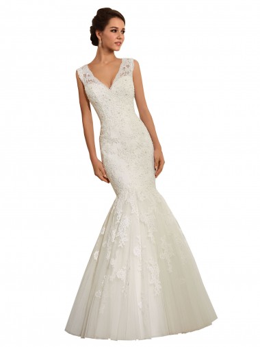 Blanco Sirena Cuello en V Cola capilla Tul Encaje Vestidos de novia Fábrica