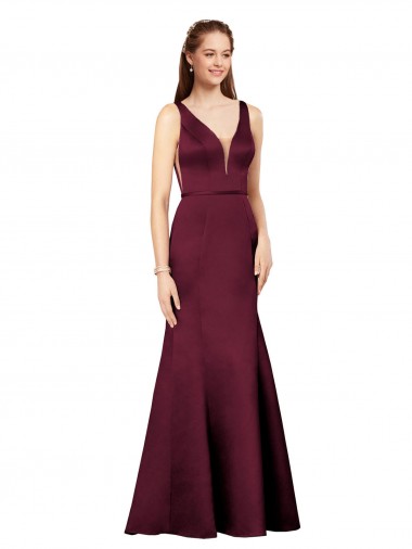 Borgoña Cubierta Cuello en V Satén Largo Formales Vestidos de dama de honor / Vestidos de fiesta Fábrica