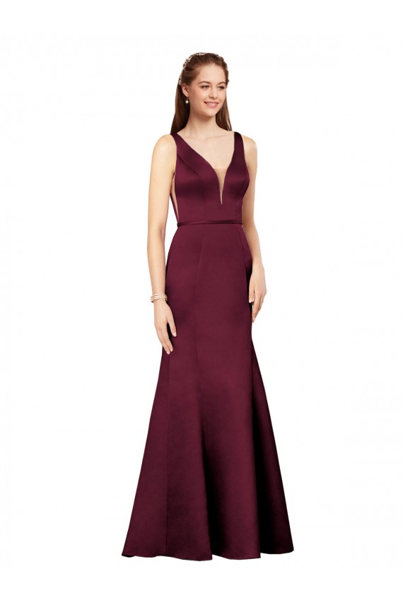 Borgoña Cubierta Cuello en V Satén Largo Formales Vestidos de dama de honor / Vestidos de fiesta Fábrica
