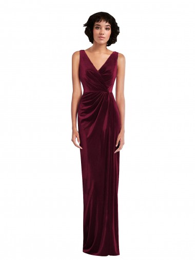 Borgoña Cubierta Cuello en V Terciopelo Elástico Largo Vestidos de dama de honor / Vestidos de fiesta Fábrica
