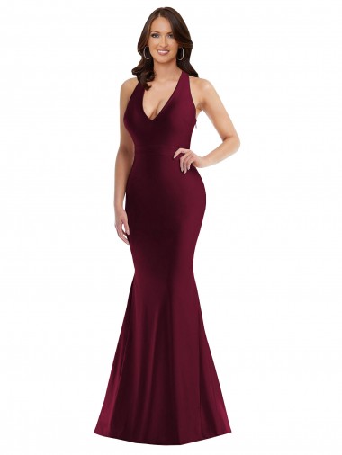 Borgoña Sirena Cuello en V Satén sedoso Largo Formales Vestidos de dama de honor / Vestidos de fiesta Fábrica