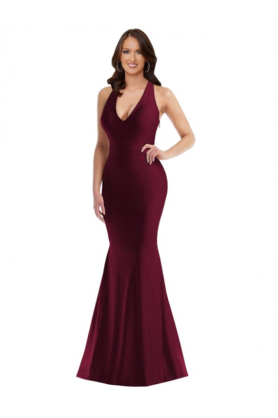 Borgoña Sirena Cuello en V Satén sedoso Largo Formales Vestidos de dama de honor / Vestidos de fiesta Fábrica