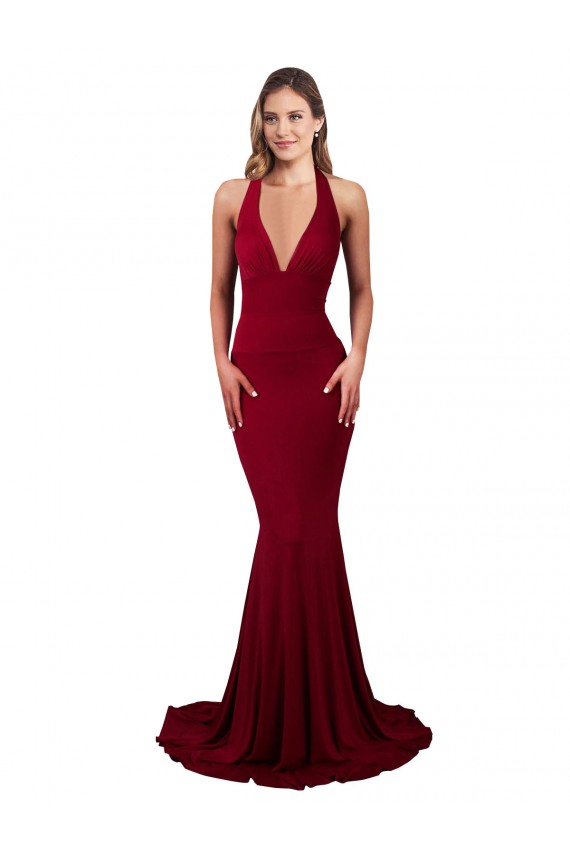 Borgoña Sirena Halter Cuello en V Spandex Largo Formales Vestidos de dama de honor / Vestidos de fiesta Fábrica