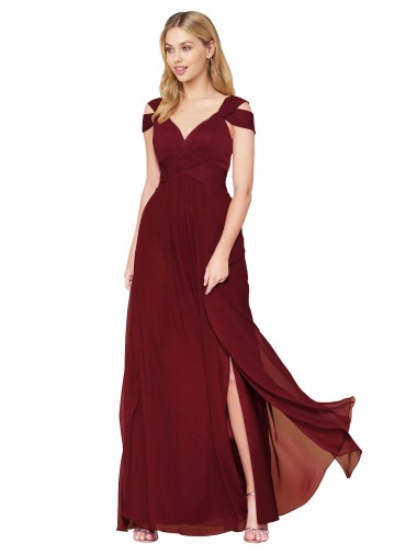 Borgoña línea A Cuello Alto Gasa Largo Formales Vestidos de dama de honor / Vestidos de fiesta Fábrica