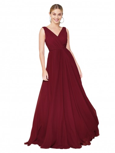 Borgoña línea A Cuello en V Cuello Alto Gasa Largo Formales Vestidos de dama de honor / Vestidos de fiesta Fábrica