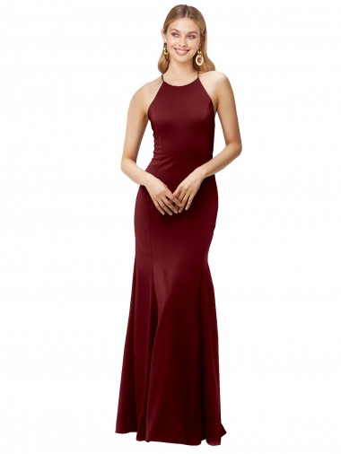 Borgoña oscuro Sirena Halter Cuello Alto Crepé Elástico Largo Formales Vestidos de dama de honor / Vestidos de fiesta Fábrica