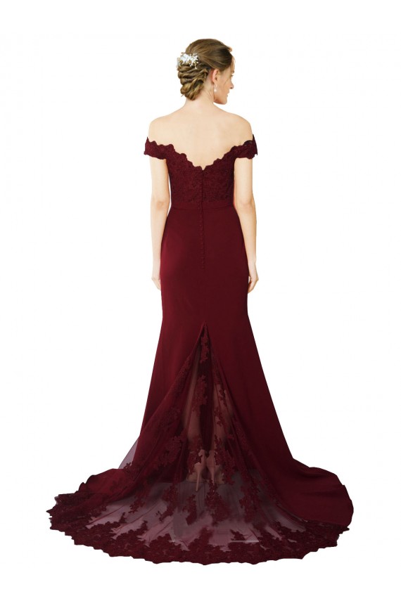 Borgoña oscuro Sirena Hombros Descubiertos Barrer tren Crepé Elástico Encaje Largo Formales Vestidos de dama de honor / Vestidos de fiesta Fábrica