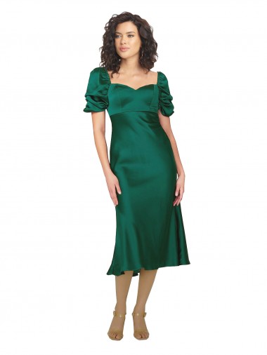 Cazador Verde línea A Cuello de Corazón Midi Satén sedoso Corto Formales Vestidos de dama de honor / Vestidos de fiesta Fábrica