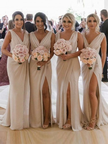 Champán línea A Cuello en V Gasa Largo Vestidos de dama de honor Fábrica