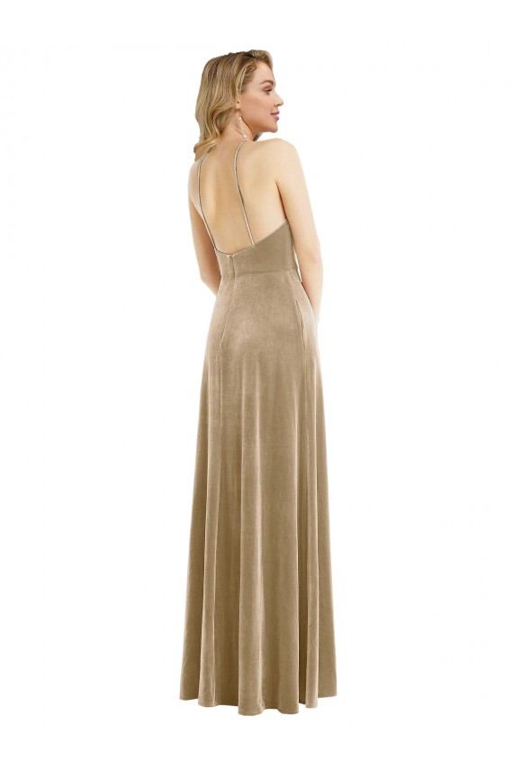 Champán línea A Halter Cuello Alto Terciopelo Elástico Largo Vestidos de dama de honor / Vestidos de fiesta Fábrica