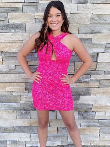 Fucsia Cubierta Halter Corto Lentejuelas Terciopelo Corto Vestidos de fiesta Fábrica