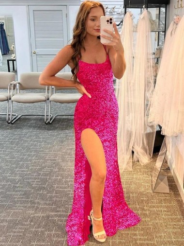 Fucsia Cubierta Tirantes espagueti Barrer tren Lentejuelas Terciopelo Largo Vestidos de fiesta Fábrica