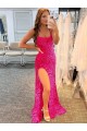 Fucsia Cubierta Tirantes espagueti Barrer tren Lentejuelas Terciopelo Largo Vestidos de fiesta Fábrica