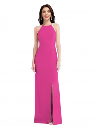 Fucsia Trompeta Halter Cuello Alto Crepé Elástico Largo Formales Vestidos de dama de honor / Vestidos de fiesta Fábrica