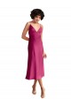 Fucsia línea A Cuello en V Midi Satén elástico Corto Formales Vestidos de dama de honor / Vestidos de fiesta / Vestidos de cóctel Fábrica