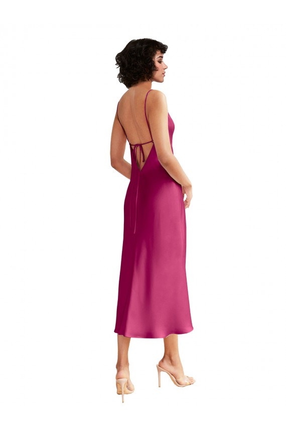Fucsia línea A Cuello en V Midi Satén elástico Corto Formales Vestidos de dama de honor / Vestidos de fiesta / Vestidos de cóctel Fábrica