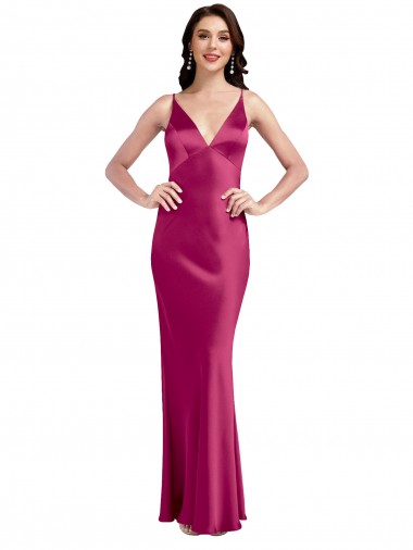 Fucsia línea A Tirantes espagueti Cuello en V Satén elástico Largo Formales Vestidos de dama de honor / Vestidos de fiesta Fábrica