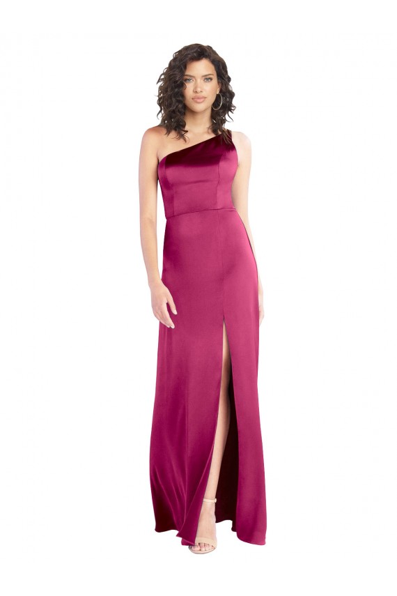 Fucsia línea A Un Hombre Satén elástico Largo Formales Vestidos de dama de honor / Vestidos de fiesta Fábrica