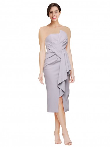 Lila ártica Cubierta Sin tirantes Midi Crepé Elástico Corto Asimétrico Formales Vestidos de dama de honor / Vestidos de fiesta / Vestidos de cóctel Fábrica