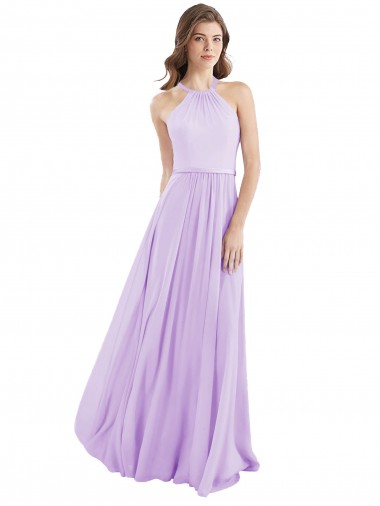 Lila línea A Halter Gasa Largo Vestidos de dama de honor Fábrica