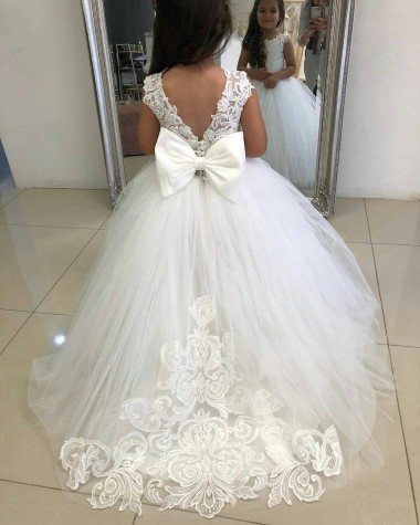 Marfil Barco Cola capilla Tul Encaje Largo vestidos de niña de las flores Fábrica