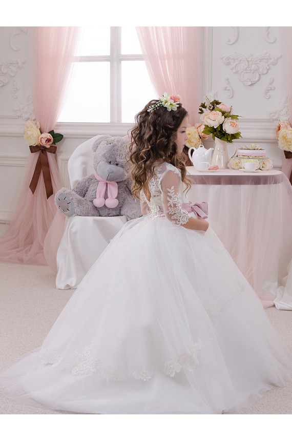Marfil Barco Cola capilla Tul Encaje Largo vestidos de niña de las flores Fábrica