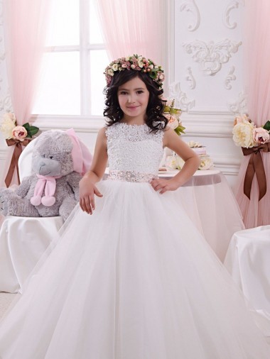 Marfil Barco Cola capilla Tul Encaje Largo vestidos de niña de las flores Fábrica