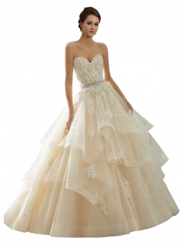 Marfil & Champán Cuello de Corazón Cola capilla Tul Encaje Vestidos de novia Fábrica