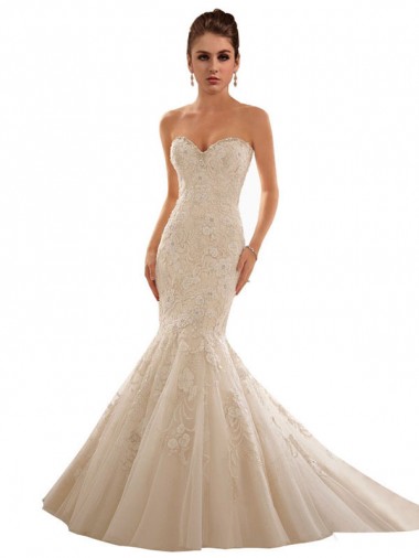 Marfil & Champán Sirena Cuello de Corazón Cola capilla Tul Encaje Vestidos de novia Fábrica