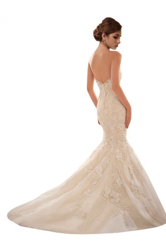Marfil & Champán Sirena Cuello de Corazón Cola capilla Tul Encaje Vestidos de novia Fábrica