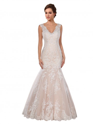 Marfil & Champán Sirena Cuello en V Cola capilla Encaje Clásico Vestidos de novia Fábrica