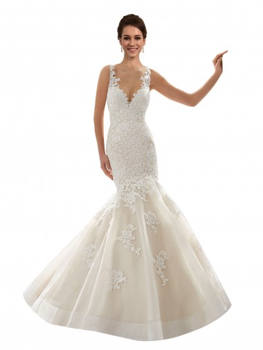 Marfil & Champán Sirena Cuello en V Cola capilla Tul Encaje Clásico Vestidos de novia Fábrica
